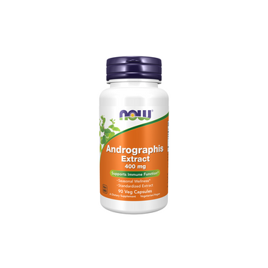 A white bottle of Now Foods Andrographis Extract 400 mg, containing 90 vegetable capsules for immune system support rooted in traditional Chinese herbal practices, displayed on a plain white background.
